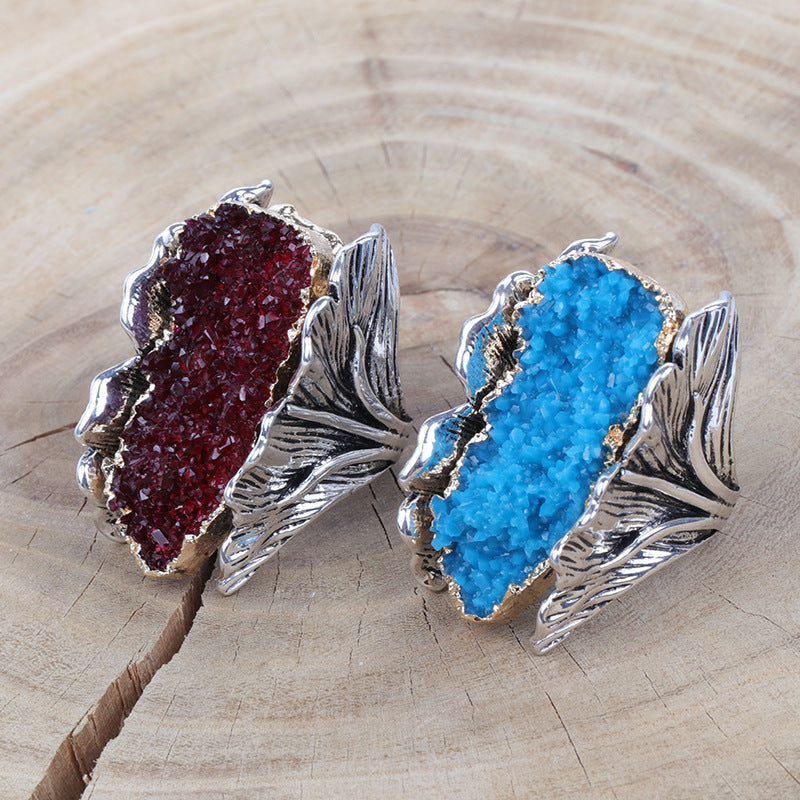 Natural Stone Retro Women's Ring Red Crystal Flower