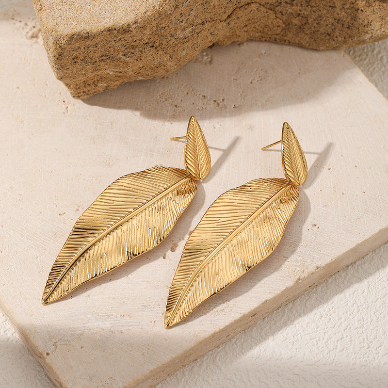 Stainless Steel Leaf Pendant Metal Leaf Texture Earrings