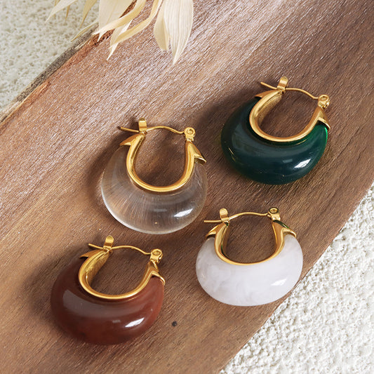 Antique Style Fashion Personality Niche Inlaid Resin Design Elegant Simple All-match Titanium Steel Gold-plated U-shaped Earrings