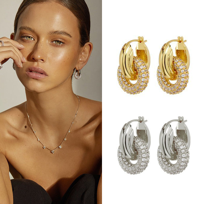 Metal Lock Copper Micro-set Earrings Niche Cold Wind Light Luxury High Sense Zircon Ear Jewelry