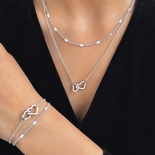 Stainless Steel Double Layer Design Peach Heart Design Bracelet Necklace Suit Fashion Collarbone Chain Valentine's Day Gift