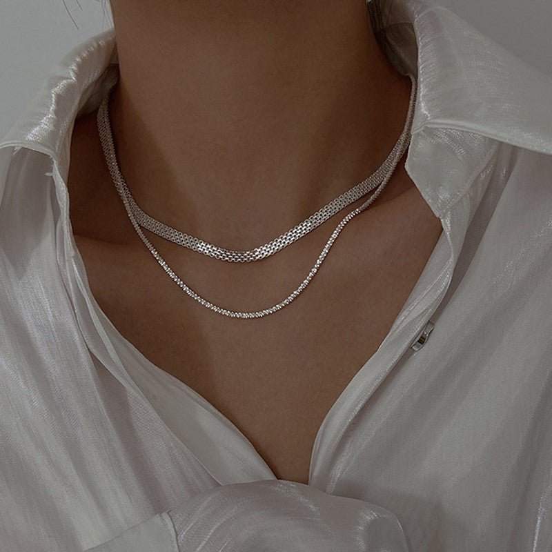 S925 Sterling Silver Woven Sparkling Wide Face Necklace Women's Simple Cold Style High-grade Gypsophila Stylish Stacked Necklace