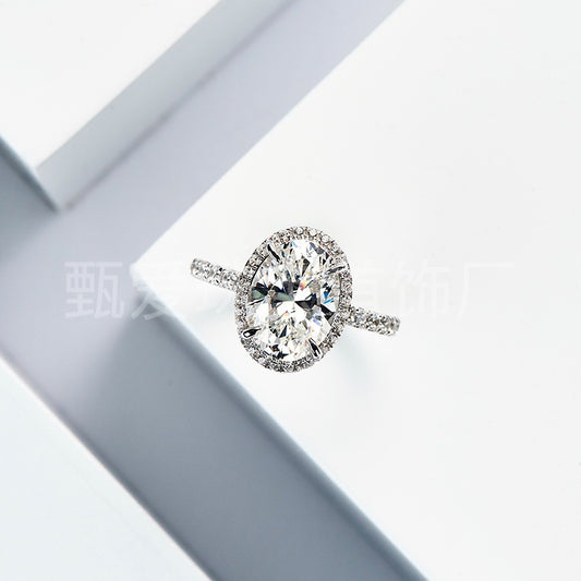 925 Silver Rhodium-plated Gold Oval Pigeon Egg Diamond Ring Female 3 Karat