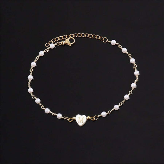 European And American Cross-border New Style Personalized 26 Letter Pendant Bracelet Imitation Pearl Chain Heart-shaped Bracelet Niche Elegant Jewelry For Women