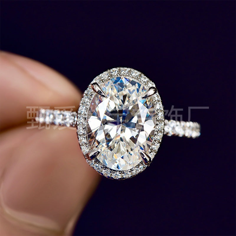 925 Silver Rhodium-plated Gold Oval Pigeon Egg Diamond Ring Female 3 Karat