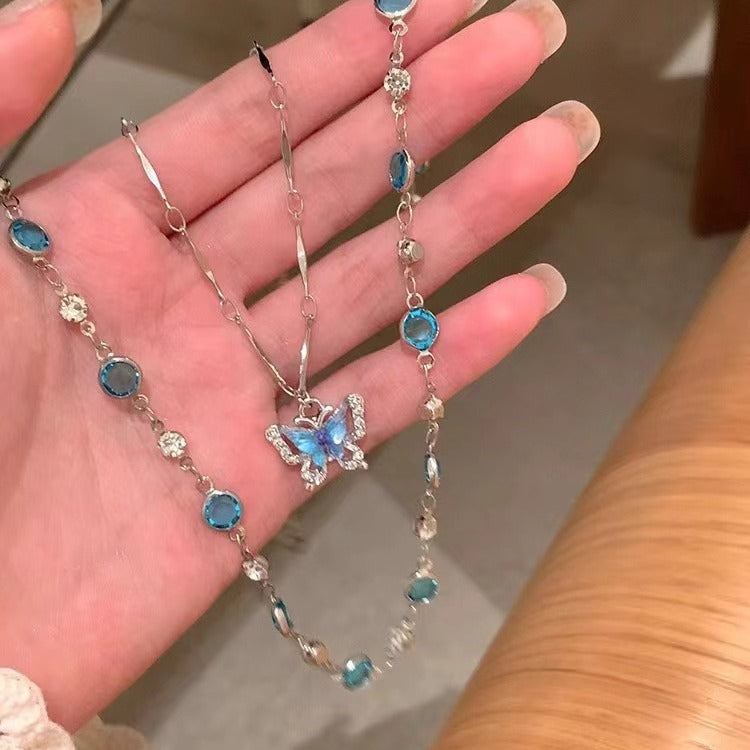 Suitable For Summer Cool Double Layer Butterfly Necklace Accessories Women's Light Luxury Niche Flash Exquisite Collarbone Chain Necklace Chain