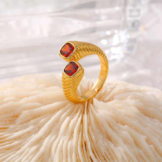 Retro European And American Style Geometric Red Zircon Ring Opening Does Not Fade Food Finger Ring Light Luxury Cold Style Copper Material Jewelry