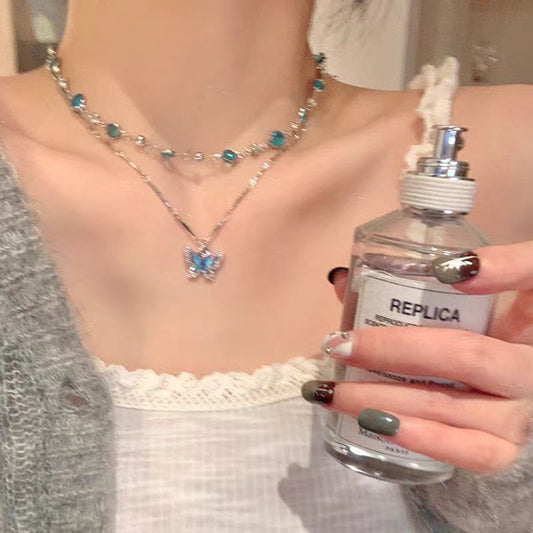 Suitable For Summer Cool Double Layer Butterfly Necklace Accessories Women's Light Luxury Niche Flash Exquisite Collarbone Chain Necklace Chain