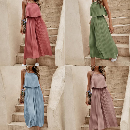 Women's Summer Solid Color Vacation Loose Suit Strap Backless Thin Romper Streetwear INS One-Piece Outfit Beach Style Striped Wide Leg Trousers Casual Suit