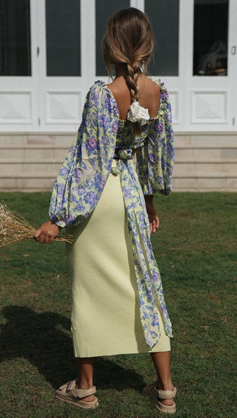 Dress Print Long Sleeve Balloon  Top Tie Shirt