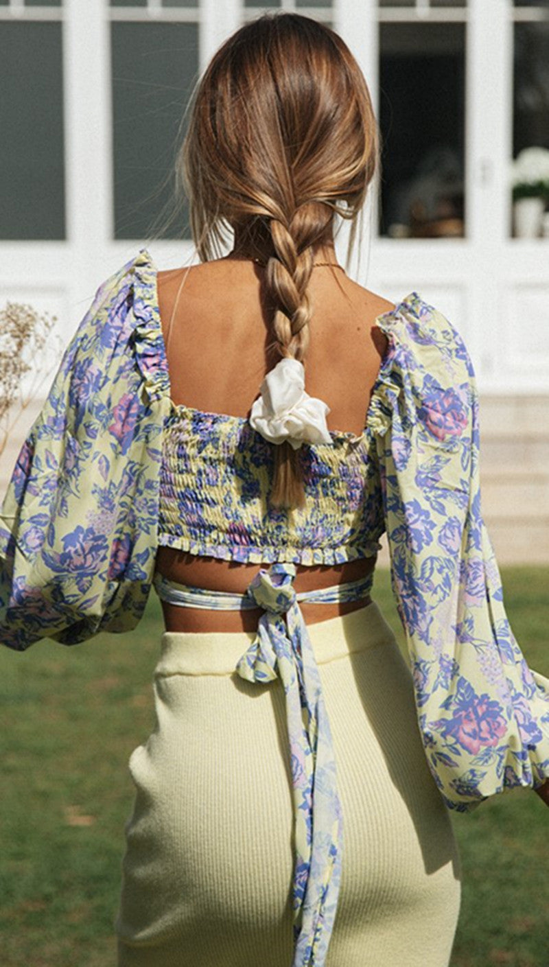 Dress Print Long Sleeve Balloon  Top Tie Shirt