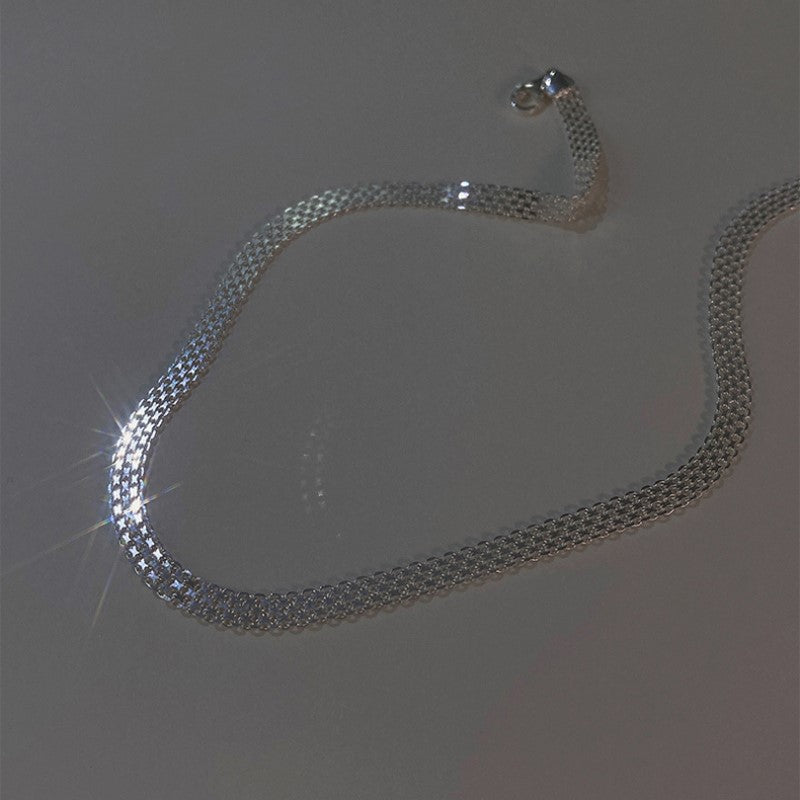 S925 Sterling Silver Woven Sparkling Wide Face Necklace Women&#039;s Simple Cold Style High-grade Gypsophila Stylish Stacked Necklace