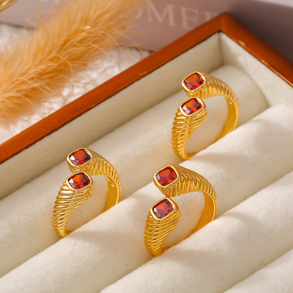 Retro European And American Style Geometric Red Zircon Ring Opening Does Not Fade Food Finger Ring Light Luxury Cold Style Copper Material Jewelry