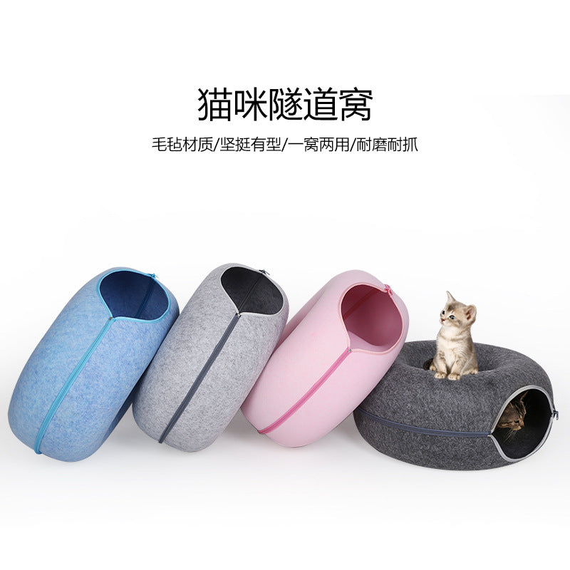 Felt Cat Nest Breathable Summer Cat House Drill Hole Cat Cave Zipper Closed Toy Cat Tunnel Donut Cat Nest