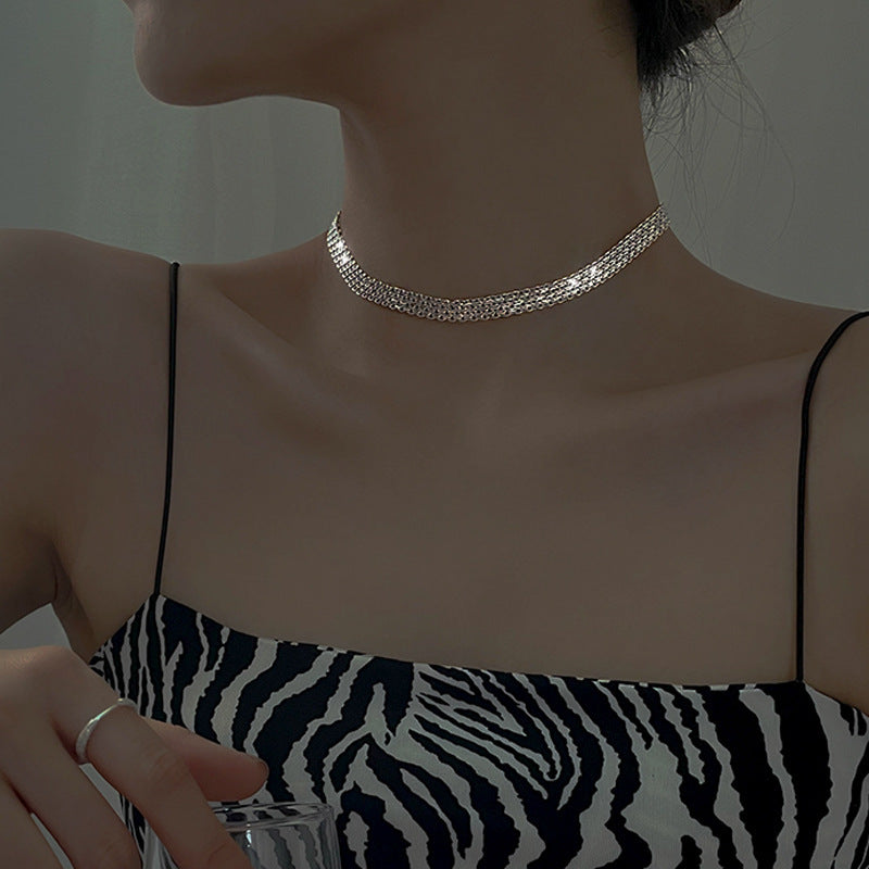S925 Sterling Silver Woven Sparkling Wide Face Necklace Women&#039;s Simple Cold Style High-grade Gypsophila Stylish Stacked Necklace
