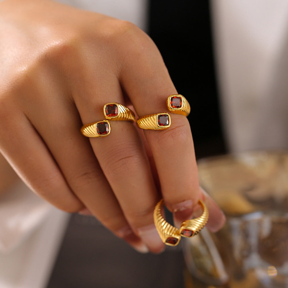 Retro European And American Style Geometric Red Zircon Ring Opening Does Not Fade Food Finger Ring Light Luxury Cold Style Copper Material Jewelry