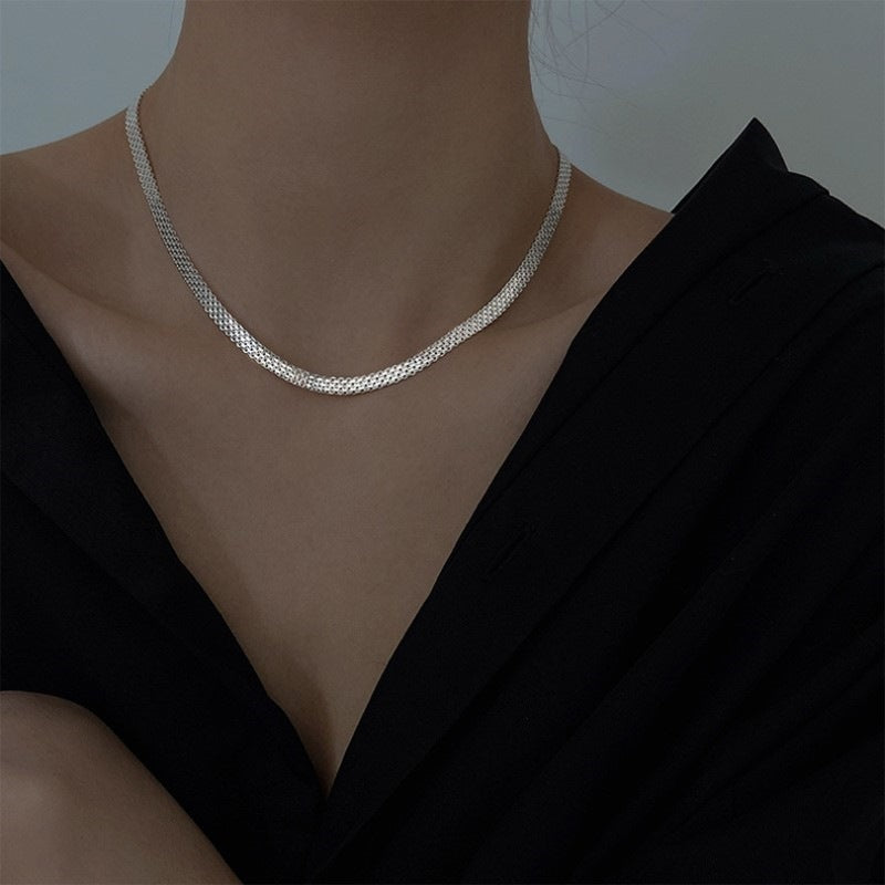 S925 Sterling Silver Woven Sparkling Wide Face Necklace Women&#039;s Simple Cold Style High-grade Gypsophila Stylish Stacked Necklace