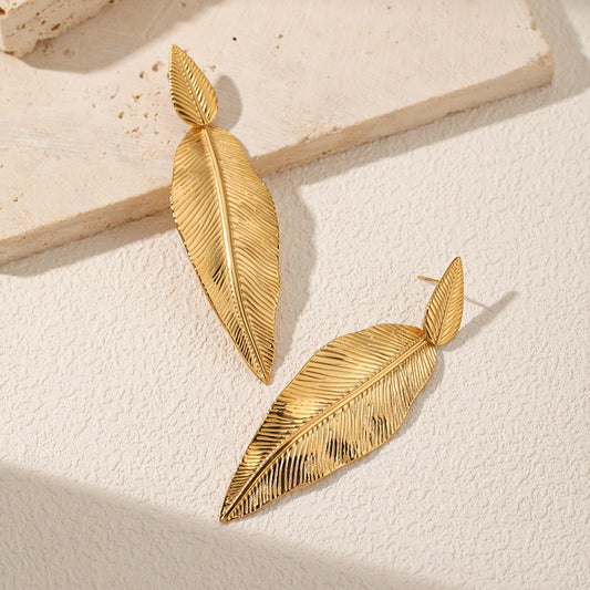 Stainless Steel Leaf Pendant Metal Leaf Texture Earrings