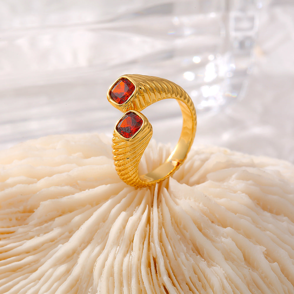 Retro European And American Style Geometric Red Zircon Ring Opening Does Not Fade Food Finger Ring Light Luxury Cold Style Copper Material Jewelry