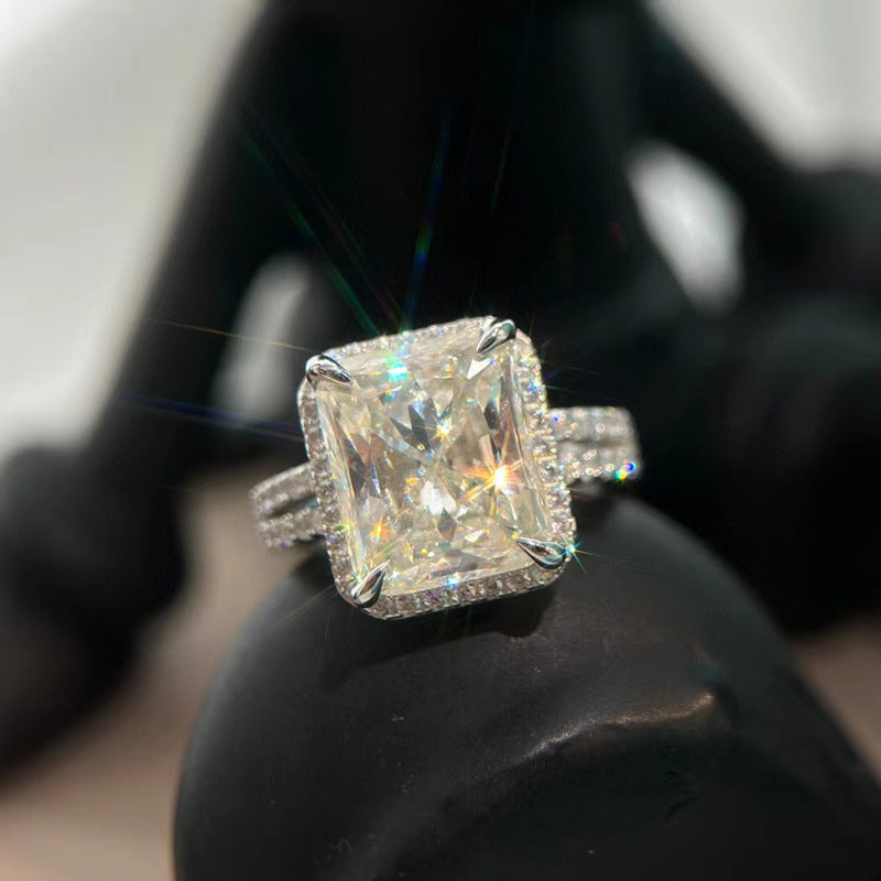 S925 Silver Square Diamond Raydean Cutting Simulation Diamond 5 Karat Ring