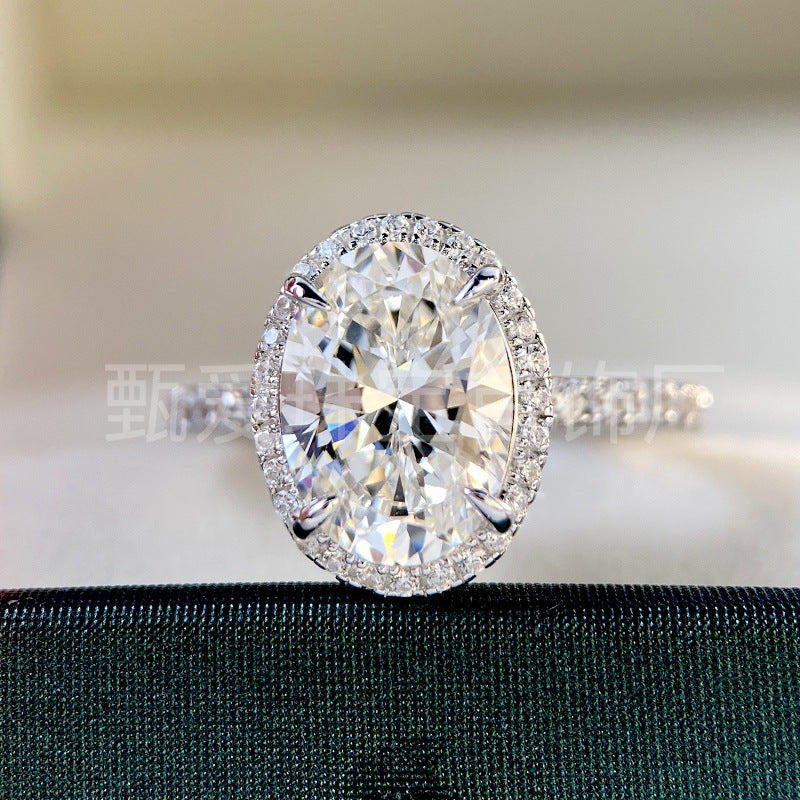 925 Silver Rhodium-plated Gold Oval Pigeon Egg Diamond Ring Female 3 Karat